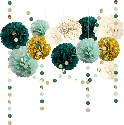 Partydekoration Pompons 15 Stück Grün Gold Weiß Seidenpapier Pompons Deko mit Tissue Papier Pom Poms und Dots Papier Girlande für Hochzeit Abschlussball Babyparty Geburtstag von Trrrioosy