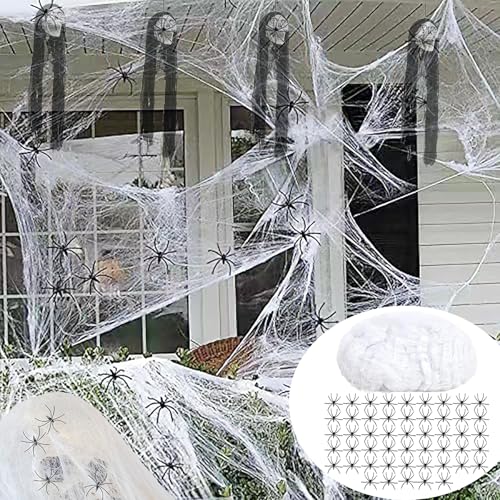 Trrrioosy Halloween Deko Spinnennetz 300g Spinnennetze und 50 Spinnen Halloween Dekoration Dehnbare Spinnennetz Dekoration für Outdoor Garten,Indoor Spukhaus-Dekoration,Gruselszene, Partyzubehör von Trrrioosy