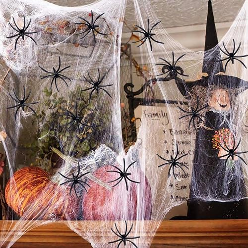 Trrrioosy Halloween Deko Spinnennetz 300g Spinnennetze und 50 Spinnen Halloween Dekoration für Outdoor Garten Indoor,L,Baumwolle, von Trrrioosy