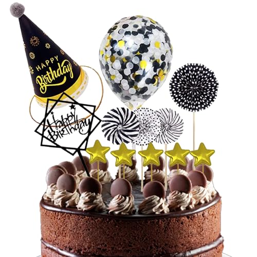 Trrrioosy Tortendeko Geburtstag Schwarz Kuchen Topper Happy Birthday Cake Topper mit Geburtstagskrone für Mädchen Junge von Trrrioosy