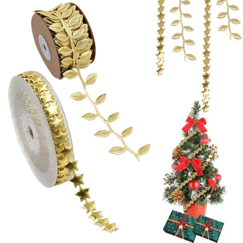 Trsnzul Künstliches Blattband 1 Rolle Goldenes Sternband 1 Rolle Künstliche Blätter Blattband Gold Blattbesatzband Dekoband Blätter Geschenkband Geschenkverpackung Deko für Handwerk Hochzeit Party von Trsnzul