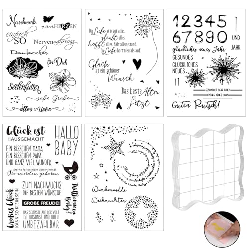 Trsnzul Silikonstempel Set 6 Bögen Clear-Stamps mit Acrylplatte Stempel Sprüche Stempel Buchstaben Set Stempel Personalisiert DIY Weihnachtsstempel Silikon für DIY Scrapbooking Hochzeit Karten von Trsnzul