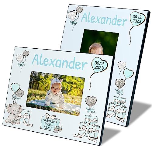 True Statements Baby Bilderrahmen für Fotos 10x15 cm personalisiert mit Namen & Geburtsdaten „Elefantenbaby“ – Fotorahmen Mädchen Jungen – Geschenk zur Geburt Taufe Geburtstag (Blau, Querformat) von True Statements