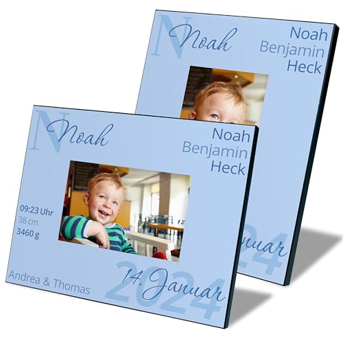 True Statements Bilderrahmen für Fotos 10x15 cm personalisiert mit Namen, Geburtsdaten & Eltern – Fotorahmen Baby Mädchen Jungen – Geschenk zur Geburt Taufe Geburtstag (Blau, Querformat) von True Statements