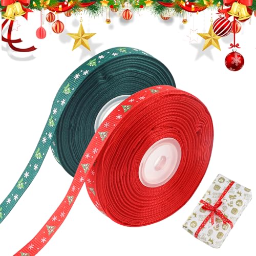 2er-Rolle Schleifenband Weihnachten,22m Dekoband Weihnachten,10mm Geschenkband Weihnachten Rot Grün,Dekoband Weihnachtsband mit Weihnachtsbaummuster für Geschenke und Weihnachtsschmuck von Trukafie