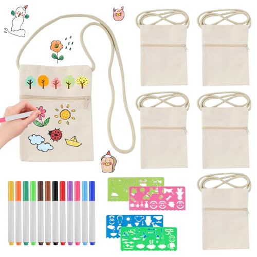 Trukafie Stoffbeutel zum Bemalen Set, 5 Stück Taschen zum Bemalen für Kinder und 5 Stück Federmäppchen und 12 Stück Farben Aquarellstifte, Taschen zum Bemalen für Kindergeburtstag Graffiti (21) von Trukafie