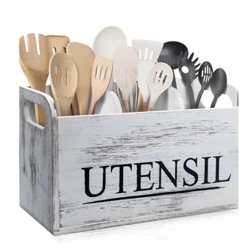 Weiße Küche Utensilienhalter rustikal große hölzerne Utensilien Organizer Kochen Tools Storage, Bauernhaus Besteck Utensil Organizer Storage Box-mit 3 Fächern, 29.9x11.9x16.7 cm, rustikal von Trusttread