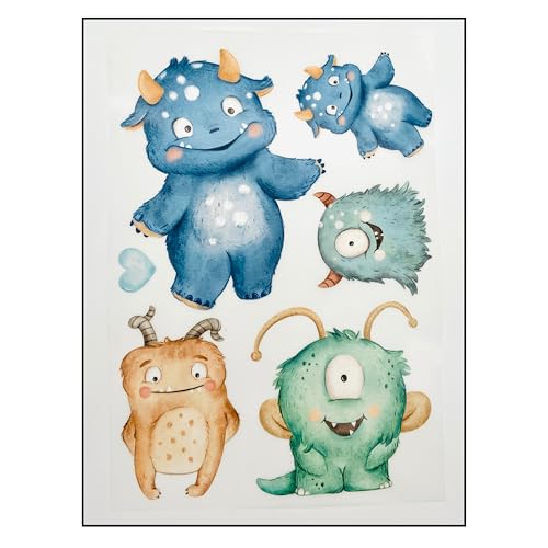 Bügelbilder Set für Textilien DIN A4 Kinder Mädchen Jungen Dino Einhorn Waldtiere groß klein Aufbügelbild zum aufbügeln verschiedene Designs (4 - Monster) von TryPinky