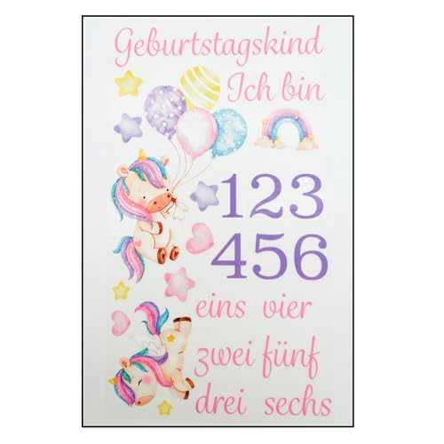 Bügelbilder Set für Textilien Geburtstagskind mit Zahlen Motive zum selber gestalten Regenbogen Kinder Mädchen Jungen Dino Drache groß klein Aufbügelbild aufbügeln (1 - Einhörner mit Luftballon) von TryPinky