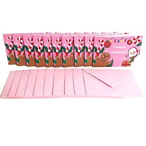 TryPinky® Weihnachtskarten mit Umschlag Set mit farbigen Umschlägen - Klappkarten aus hochwertigem Chromokarton DIN A6 Weihnachtskarte Rosa Lebkuchenmann Schneemann (10) von TryPinky