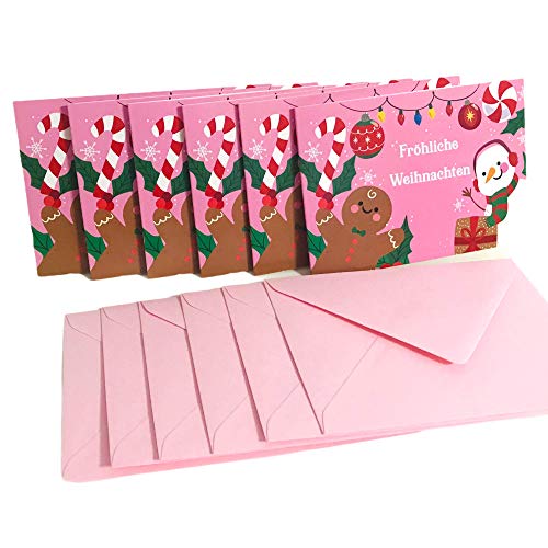 TryPinky® Weihnachtskarten mit Umschlag Set mit farbigen Umschlägen - Klappkarten aus hochwertigem Chromokarton DIN A6 Weihnachtskarte Rosa Lebkuchenmann Schneemann (6) von TryPinky