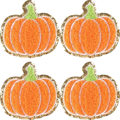 4pcs Halloween Geist Glitter Gold Rim Chenille Eisen Auf Kürbis Patches Für Kinder Stickerei Patch DIY Tasche Kappen Nähen Abzeichen von Tsffae