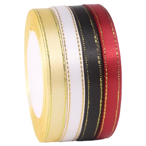 4 Rollen Satinband mit Goldkanten, 1 cm Dekorations Geschenkband 22 m/Rolle, Stoffband für Geschenkverpackung DIY-Basteln Hochzeit Baby-Party Korsagen von Tssnlur