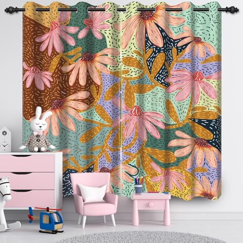 Ttincceer 117x138cm Boho Blume Verdunklung Fenstervorhang für Schlafzimmer Mid Century Abstract Floral Zimmer Verdunkelung Fenster Vorhänge Heat Blocking Fenster Behandlung 2 Panels von Ttincceer