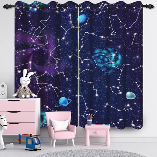 Ttincceer 117x138cm Galaxy Verdunklung Fenstervorhang für Kinder Schlafzimmer Blau Universum Planeten Jungen Schlafzimmer Fenster Vorhänge Starry Night Thermisch isolierte Fenster Behandlung von Ttincceer