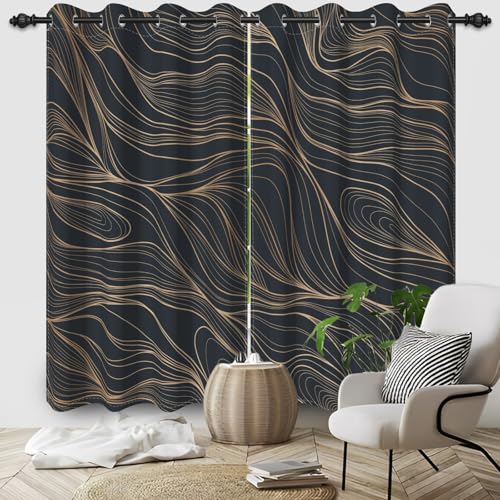 Ttincceer 117x138cm Marmor Blackout Vorhang für Schlafzimmer Luxus Schwarzer Marmor mit Gold Textur Zimmer Verdunkelung Fenster Vorhänge 2 Panels Moderne Abstrakte Thermische Isolierte Vorhänge von Ttincceer