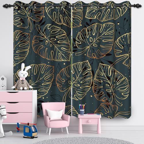 Ttincceer 117x183cm Bohemia Fenster Vorhang für Schlafzimmer Mid Century Abstract Gold Leaves Zimmer Verdunkelung Fenster Vorhang Boho Tropical Monstera Schlafzimmer Vorhänge 2 Panels von Ttincceer