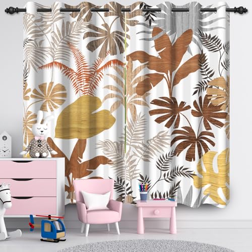 Ttincceer 140x145cm Bohemia Fenster Vorhang für Schlafzimmer Mid Century Abstract Gold Leaves Zimmer Verdunkelung Fenster Vorhang Boho Tropical Monstera Schlafzimmer Vorhänge 2 Panels von Ttincceer