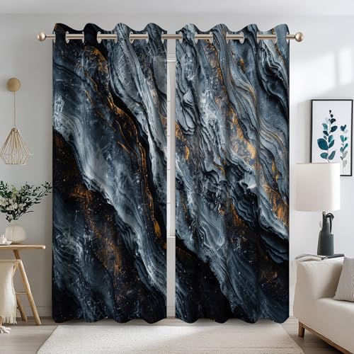 Ttincceer Verdunkelungsvorhänge aus dunkelblauem Marmor 117 x 183 cm dunkelgoldene Felsstruktur raumverdunkelnd Fenstervorhänge luxuriös Marmor Schlafzimmervorhänge wärmeisoliert 2 Paneele von Ttincceer