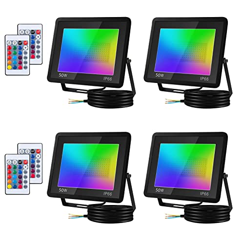 Tubiaz 4er 50W RGB LED Strahler mit Fernbedienung, Farbwechsel Fluter Bunt Dimmbar LED Fluter mit 16 Farben 4 Modi, Memoryfunktion, IP66 Wasserdicht für Balkone,Gärten (kein Stecker) von Tubiaz