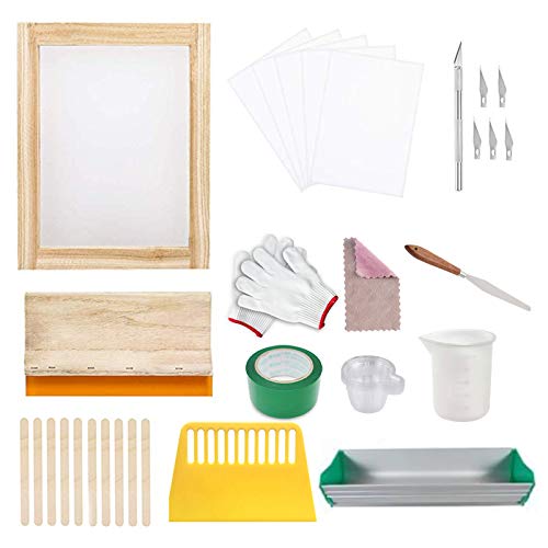 Siebdruck-Set, Siebdruck-Rahmen,40-teiliges DIY-Siebdruck-Starter-Set mit Anleitung (evtl. nicht in deutscher Sprache), inklusive Holz-Siebdruckschaufel, Rakel und wasserdichter transparenter Folie. von Tuciyke