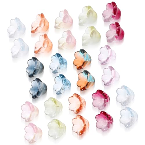 100 Stück Perlen Blumen Transparenter Farbverlauf Glass beads Bunt Blumen Perlen Perlenkappen Blumen für die Herstellung von Armbändern, DIY-Halsketten, Dekoration, Geschenke von Tucnoeu