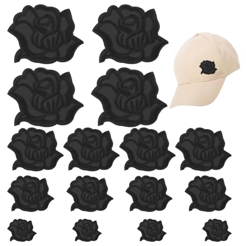 16 Stück Rose Patches zum Aufbügeln Schwarz 4 Größen von Bügelflicken Schwarz Aufnäher zum Aufbügeln Geeignet für Jeans Jacken Pullover Hüte Schuhe Damentaschen von Tucnoeu