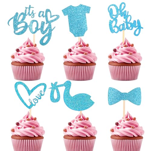 42 Stück Gender Reveal Tortendeko Glitzer Blau Cake Topper Cupcake Topper Gender Reveal Muffin Deko Geeignet für Geschlecht Offenbaren Parteien, Geburtstagsfeier Dekorationen von Tucnoeu