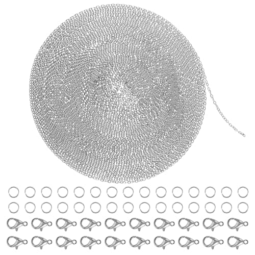 Tucnoeu 11m Gliederkette 2.0mm Gliederkette Silber, Gliederkette Meterware Edelstahlkette für DIY Schmuckherstellung mit 20 Karabinerverschluss und 30 Biegeringe, Ketten Basteln Zubehör von Tucnoeu