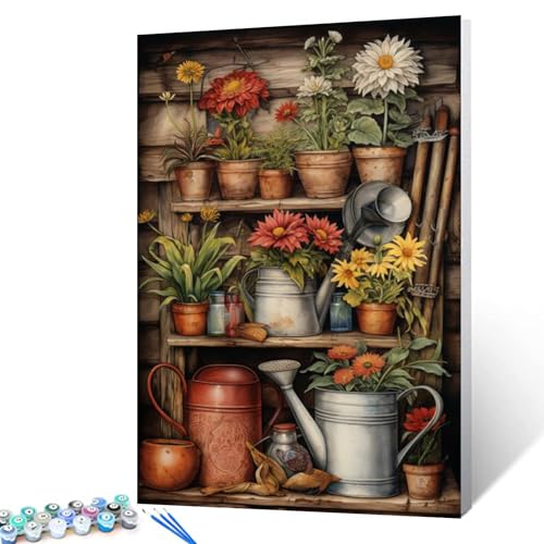 Blumen Pflanzen mit Töpfen Gartenwerkzeuge Farbe nach Zahl Rustikale Landschaften DIY Malerei auf Leinwand mit Pinseln Acrylfarben Farbe nach Zahlen für Erwachsene und Anfänger 40x50cm (DIY Rahmen) von Tucocoo