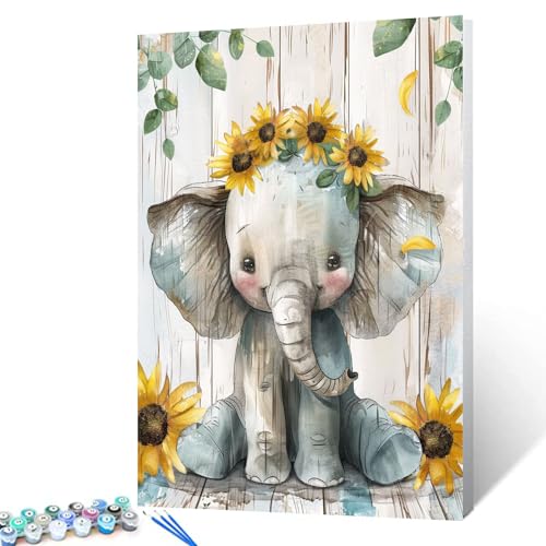 Digitales Ölgemälde zum Selbermachen, Elefant mit Sonnenblumenkrone, Bild Malen nach Zahlen für Erwachsene, Anfänger, Leinwand, niedliches Tier, Wandkunst für Wohnzimmer, Schlafzimmer, Retro-Stil, von Tucocoo