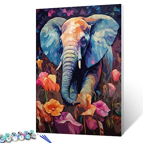 Malen nach Zahlen, Elefant-Set mit Pinseln und Acryl-Pigment auf Leinwand, Malerei für Erwachsene, Tulpenblumen, Tier, handbemalte Kunsthandwerksprojekte für Heimdekoration, Geschenke (DIY gerahmt) von Tucocoo