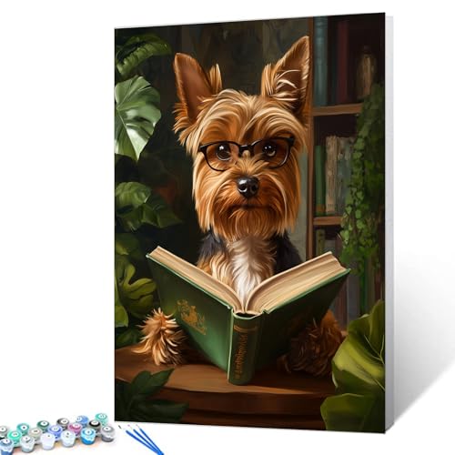 Malen-nach-Zahlen-Set mit niedlichem Hund und Büchern auf Leinwand für Erwachsene, Acrylfarbe, Zeichnung mit Pinseln, lustiges Arbeitszimmer, Tiere, Ölgemälde-Set für Erwachsene, Heimdekoration, 40,6 von Tucocoo