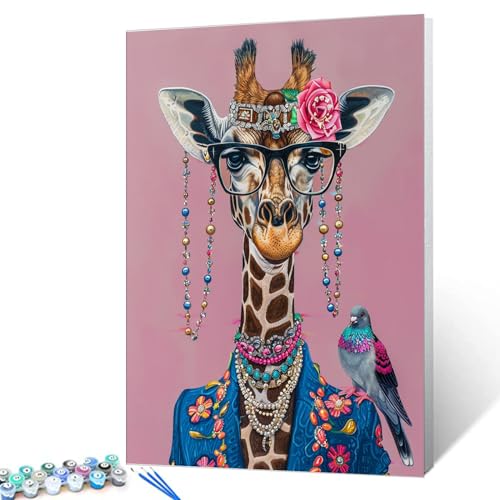 Malen nach Zahlen für Erwachsene, abstrakte Giraffe, schöne Blumen und Vögel, DIY-Ölgemälde-Kits auf Leinwand mit Pinseln und Acryl-Pigment, Bohemian-Stil für Heimdekoration, Geschenk, 40,6 x 50,8 cm von Tucocoo