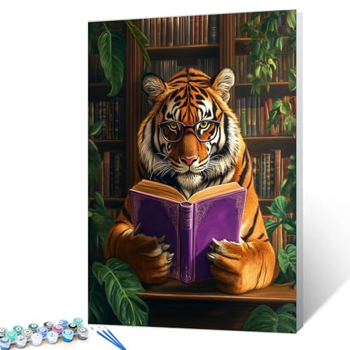 Malen nach Zahlen zum Selbermachen, Malen nach Zahlen für Erwachsene, Anfänger, wilder Tiger in der Bibliothek, Malen nach Zahlen, Malset, Leinwand, Geschenke, Kunsthandwerk für Zuhause, Wand, von Tucocoo