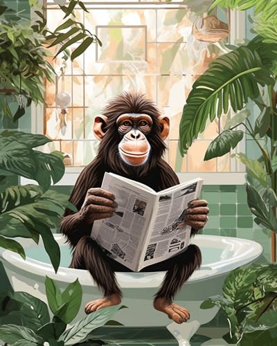 Monkey Sit in Bathtub Reading Zeitung Malen nach Zahlen Dschungel Badezimmer Tier DIY Malerei auf Leinwand mit Pinseln Acrylfarben für Erwachsene Kinder Studenten Anfänger DIY Kit 40,6 x 50,8 cm (ohne von Tucocoo