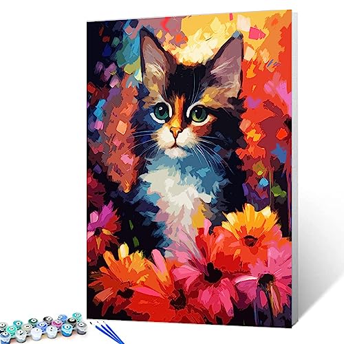 Niedliche Katze Malen nach Zahlen Kits mit Pinseln und Acryl-Pigment auf Leinwand, Malerei für Erwachsene, abstrakte Blumen, Tier, handgemaltes Kunsthandwerksprojekt für Heimdekoration (DIY gerahmt) von Tucocoo