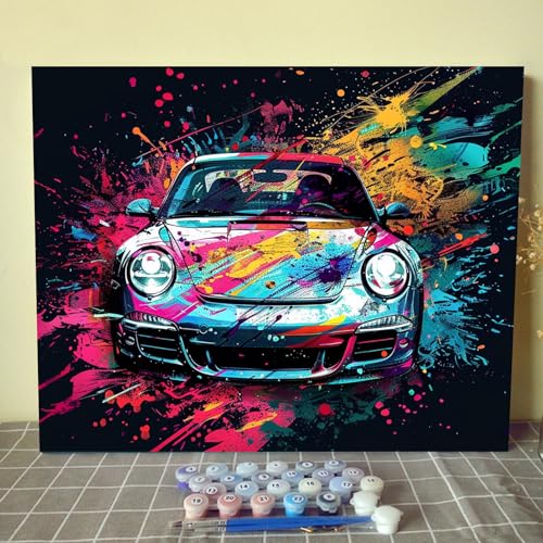 Sehr schönes Sportauto Malen nach Zahlen für Erwachsene, exquisites Porsche-Ölgemälde-Set auf Leinwand mit Pinseln und Acrylpigment, bunter Graffiti-Stil für Heimdekoration, 40,6 x 50,8 cm (DIY von Tucocoo