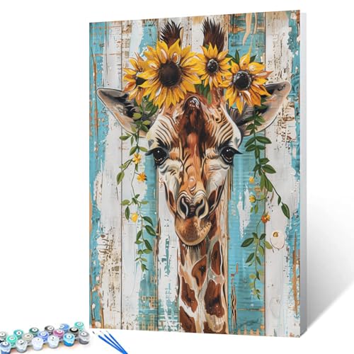 Smile Giraffe Sonnenblume Krone Bild Malen Zahlen für Erwachsene Anfänger Niedliche Tier-Wandkunst für Badezimmer Schlafzimmer Retro-Stil Digitale Zeichnung Malerei für moderne Wohnkultur Geschenk von Tucocoo