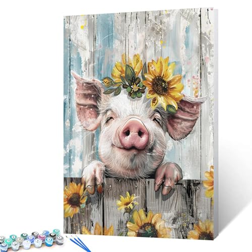 Smile Pig mit Sonnenblumenkrone, Bild, Zahlen für Erwachsene, Anfänger, niedliche Tier-Wandkunst für Badezimmer, Schlafzimmer, Retro-Stil, digitale Zeichnung, Malerei für moderne Wohnkultur, Geschenk, von Tucocoo