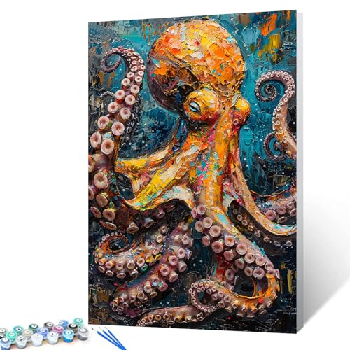 Tucocoo Abstraktes Oktopus-Malen-nach-Zahlen-Set mit Pinseln und Acryl-Pigmenten auf Leinwand, Gemälde für Erwachsene, Tiere, natürliche, bunte Bilder für Zuhause, Wanddekoration, Geschenke von Tucocoo