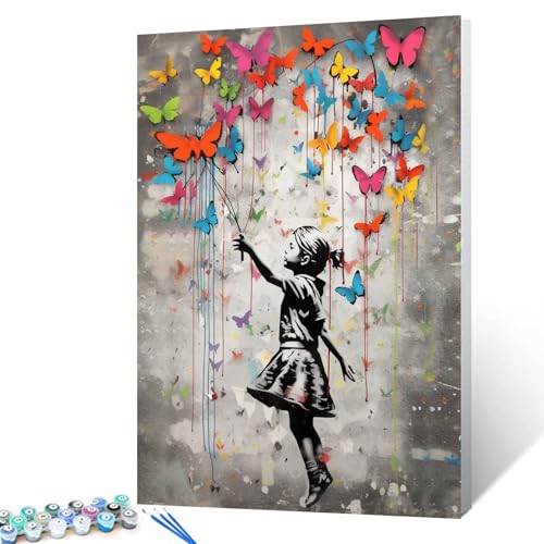 Tucocoo Banksy Malen-nach-Zahlen-Set mit Pinseln und Acryl-Pigmenten auf Leinwand, Gemälde für Erwachsene, Graffiti-Straßenkunst, Schmetterlingsbild für Zuhause, Wanddekoration, Geschenke, 40 x 50 cm von Tucocoo