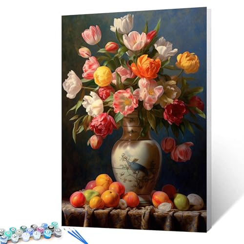 Tucocoo Blumenstrauß Tulpen, Malen nach Zahlen, Kits mit Pinseln und Acrylpigment auf Leinwand, Gemälde für Erwachsene, Keramikvase, Stillleben, Bilder für Zuhause, Wanddekoration, Geschenke von Tucocoo