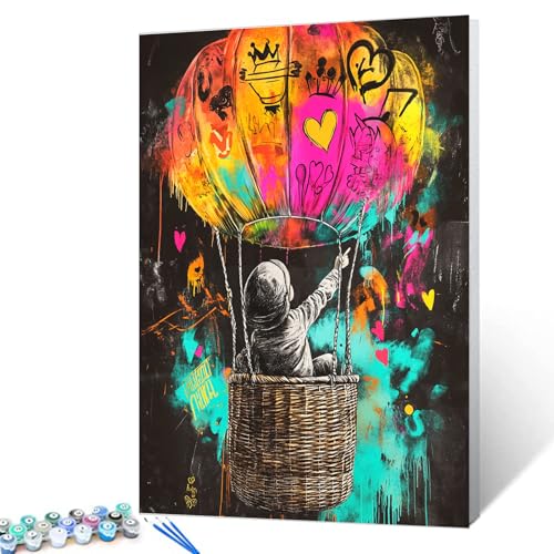 Tucocoo Buntes Graffiti-Malen-nach-Zahlen-Set mit Pinseln und Acryl-Pigmenten auf Leinwand, Gemälde für Erwachsene, Banksy-Heißluftballon, Straßenkunstbild für Heimdekoration, Geschenke, 40 x 50 cm von Tucocoo