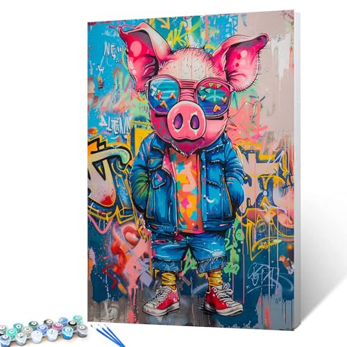 Tucocoo Cooles Malen-nach-Zahlen-Set mit Pinseln und Acryl-Pigmenten auf Leinwand, Gemälde für Erwachsene, buntes Graffiti, niedliche Schweine-Bilder für Zuhause, Wanddekoration, Geschenke, 40x50 cm von Tucocoo