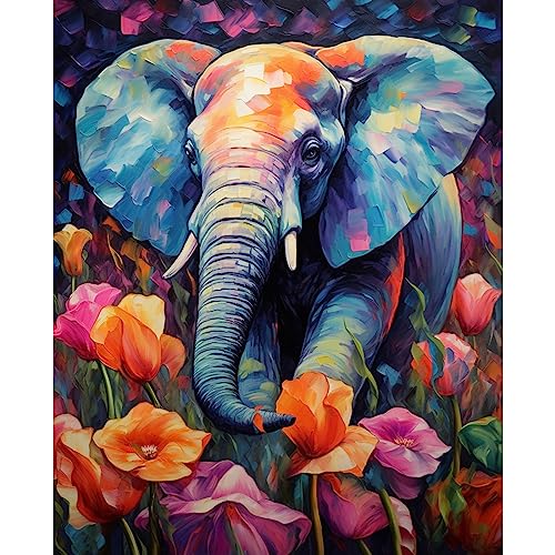 Tucocoo Elefant Malen nach Zahlen für Erwachsene Anfänger, DIY Digital Ölgemälde Kits auf Leinwand mit Pinseln und Acrylpigment, Tulpenblumen Tier handbemalt für Heimdekoration 40 x 50 cm (Rahmenlos) von Tucocoo