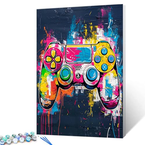 Tucocoo Farbenfrohes Gamepad-Malen-nach-Zahlen-Set, 40 x 50 cm, Leinwand, DIY-Ölgemälde für Erwachsene, mit Pinseln und Acryl-Pigment, Retro-Videospiel-Bilder für Männer, Spielzimmer von Tucocoo