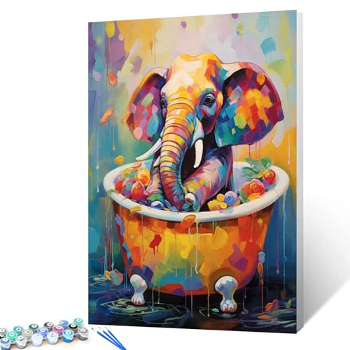 Tucocoo Farbenfrohes abstraktes Tier-Malen-nach-Zahlen-Set, 40 x 50 cm, Leinwand, DIY-Ölgemälde für Erwachsene, mit Pinseln und Acryl-Pigment, Regenbogen-Elefant in der Badewanne, Bilder für von Tucocoo
