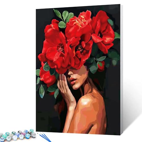 Tucocoo Malen nach Zahlen für Erwachsene mit Blumen auf dem Kopf, Körperbemalung, rote Blume, Acryl-Ölgemälde-Set für Heimdekoration und Geschenk für Festivals, ohne Rahmen, 40,6 x 50,8 cm (B x H) von Tucocoo