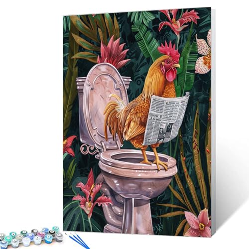 Tucocoo Lustiges Huhn-nach-Zahlen-Set mit Pinseln und Acryl-Pigmenten auf Leinwand, Gemälde für Erwachsene, Tiere auf Toilette, Hahn, Badezimmer, Bild für Zuhause, Wanddekoration, Geschenke, 40x50cm von Tucocoo